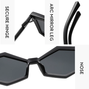 Detail view of secure hinges, arc mirror legs and nose pads on black polygon sunglasses