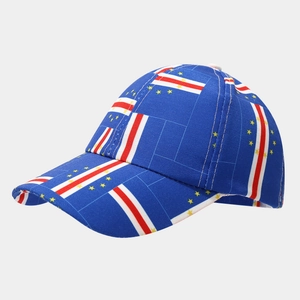 Detail view of Cape Verde flag print on a blue kids baseball cap with fine stitching