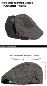 Detail of vintage herringbone newsboy cap featuring adjustable metal buckle and top patch