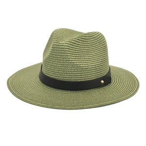 Olive green paper straw Panama hat with black band and gold rivet on white background
