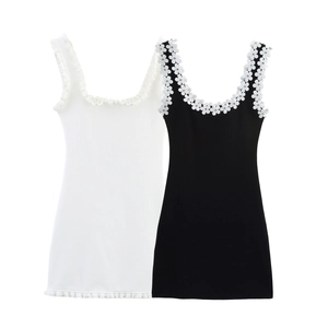 Knit Mini Dress Square Neck Sleeveless Ruffle Trim With Faux Artificial Pearl Flower Lace Rhinestone Slim Fit Summer Women