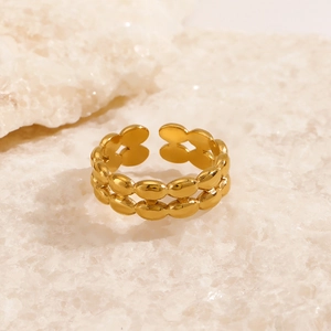 Stainless Steel Double Row Bead Ring Open Adjustable Geometric Vacuum Gold Plated Fashion Minimalist Jewelry For Women