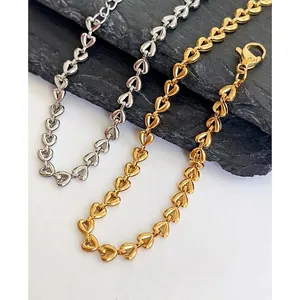 Minimalist 18K Gold Plated Stainless Steel Heart Linked Chain Bracelet For Women Western Simple Adjustable Hand Jewelry Gift