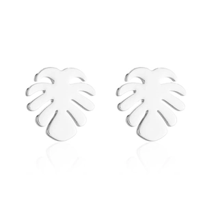 Polished silver monstera leaf stud earrings in minimalist tropical plant style