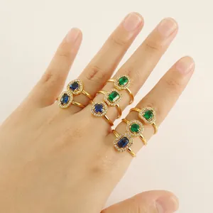 Double-layered gold titanium steel rings with green and blue zircon gemstones for women