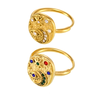 Golden rings featuring moon star and evil eye motifs with 5A cubic zirconia stones