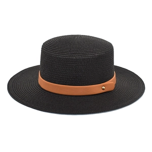 Women Straw Boater Hat Wide Brim Summer Sun Protection Beach Fedora With Faux Leather Band And Metal Rivet Elegant Breathable