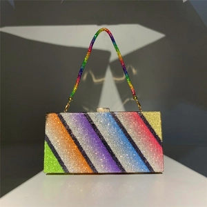 Detailed macro shot of the rainbow crystal surface on this elegant rhinestone clutch bag