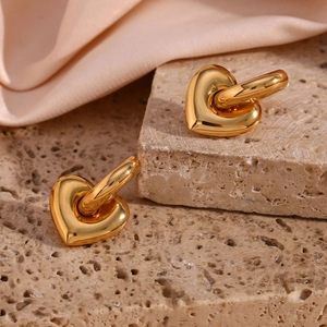 Minimalist gold-plated stainless steel hoop earrings with 3D heart-shaped charms for women