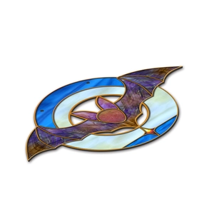 Detail of stained glass bat ornament with purple wings on a blue and yellow circular frame