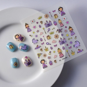 5D embossed princess castle nail art stickers with unicorn and cupcake designs