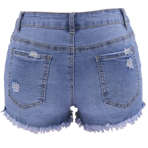 Short en jean bleu taille haute avec poches arrière usées et ourlets effilochés stylés