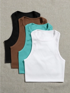 Detail of four-color slim fit ribbed yoga vests in white blue brown and black