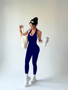 Slim fit backless halter neck yoga jumpsuit in navy blue with seamless moisture-wicking fabric