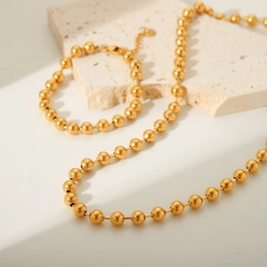 Minimalist 18K gold plated stainless steel bead chain necklace and bracelet set