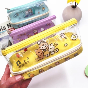 Trousse transparente double couche avec motifs mignons et grande capacité de stockage