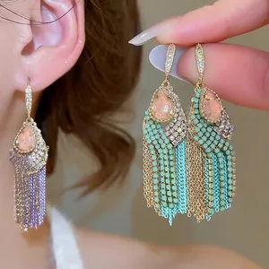 Bohemian multilayer tassel drop earrings with pink zircon and green beads in gold