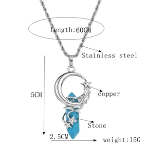 Detail view of crescent moon and star pendant with hexagonal stone and product dimensions