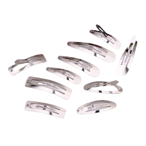 Silver metal snap hair clips in drop, square, and oval shapes on a white background