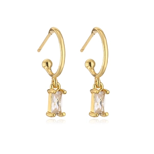 Detailed view of gold plated C-shaped earrings with rectangular white zircon pendants