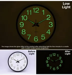 Detailed view of the luminous clock dial showing green glow effect in darkness