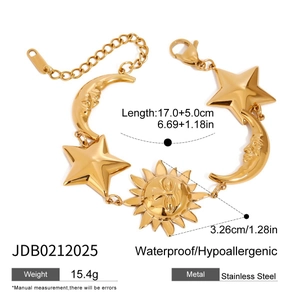 Detailed technical drawing of gold sun moon star bracelet with size and weight metrics