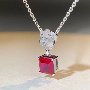 Elegant S925 silver camellia necklace featuring a large square red ruby pendant