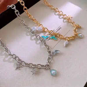 Ocean Theme Fish Tail Shell Starfish Pendant Necklace Alloy Imitation Artificial Pearl Rhinestone Chunky Chain Summer Beach Jewelry