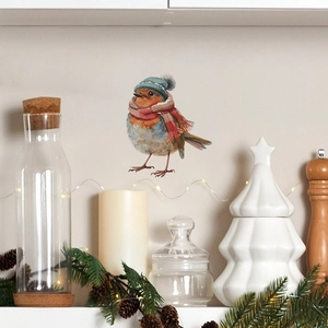 Sticker mural oiseau mignon avec chapeau bleu et écharpe pour décor de Noël