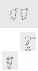Macro shot of S925 sterling silver chain earring showing hallmark and polished texture