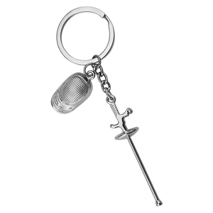 Silver fencer keychain with detailed fencing mask and miniature foil sword charm