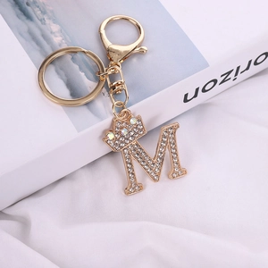 Alphabet Letter Keychain Gold Zinc Alloy Rhinestone Crown Pendant Bag Charm Accessory For Women Girls Gift