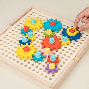Educational wooden gear toy for kids featuring colorful interlocking cogwheels on base