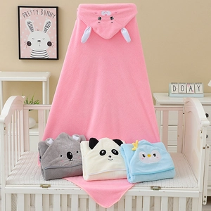 Soft coral fleece hooded baby towel with cute animal embroidery and 3D ears