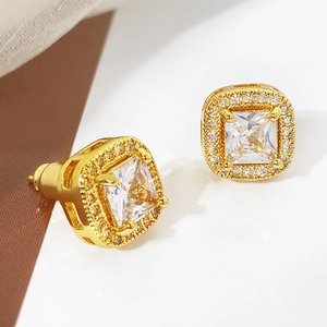 Elegant 18k gold plated square stud earrings with halo cubic zirconia in a 4-claw setting