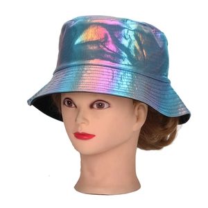 Trendy reflective gradient bucket hat with holographic metallic finish and wide brim