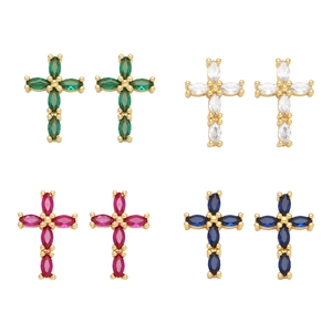 Cross Stud Earrings Gold Plated Copper Colorful Zircon Marquise Cut Hip Hop Trendy Fashion Jewelry For Women