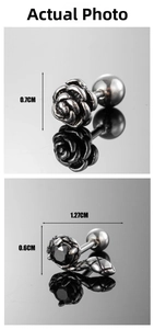 Detailed view of rose stud and black stone snake earring with dimension measurements