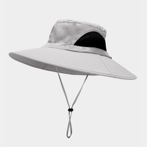 Outdoor wide brim sun hat in light grey quick-dry fabric with breathable mesh and chin strap