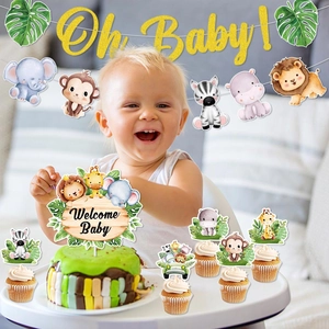 Jungle animal themed baby shower decorations set with Oh Baby banner and cake toppers