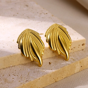 Elegant 18K gold-plated wing and wheat ear stud earrings with textured woven details