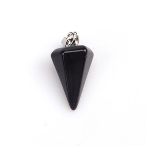 Polished black onyx faceted hexagonal cone pendant necklace with silver metal loop