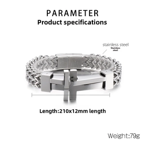 Detail of rock style stainless steel cross bracelet showing 210mm length and 12mm width