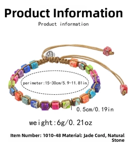 Adjustable woven bracelet with colorful square natural stones and silver metal clasp