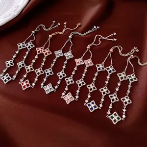 Hollow Out Four Leaf Clover Adjustable Bracelet Copper With Zircon And Mother Of Artificial Pearl Elegant Jewelry For Women