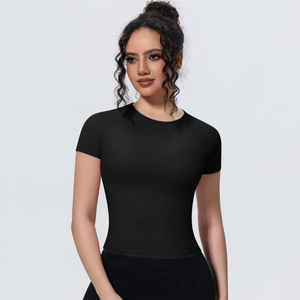 Close-up of slim-fit yoga t-shirt showing breathable black high-stretch knit fabric texture