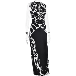 Detailed close-up of hollow-out neckline with metal rings on leopard print maxi dress