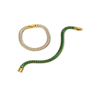 18K gold plated baguette cut emerald and clear zircon tennis bracelet set for women