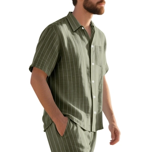 Detail of men's casual green striped short sleeve shirt and trousers set on model