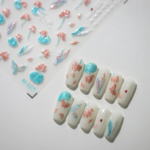 3D Relief Nail Art Stickers Lotus Flower Leaf Design Aurora Iridescent Chinese Style PET Decals Manicure DIY Decor